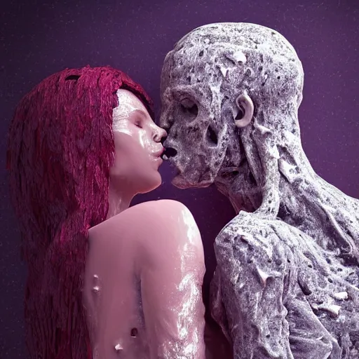 Image similar to Crowd of Two detailed human lovers made of wax kissing and melting, digital art, high detail,ethereal, dramatic lightning, rim light, hyperrealistic, photorealistic, octante render, elegant, cinematic, high textures, hyper sharp, 8k, insanely detailed and intricate, graphic design, cinematic atmosphere, hypermaximalist, hyper realistic, super detailed, 4k HDR hyper realistic high quality, unreal engine 5