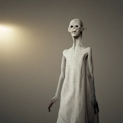 Prompt: creepy pale thin humanoid figure in basement, photorealistic, 8 k, upscale