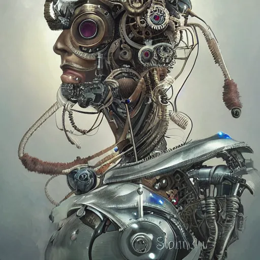 Image similar to portrait painting of a steampunk cyborg president, transhumanism, ultra realistic, concept art, studio ghibli, intricate details, eerie highly detailed