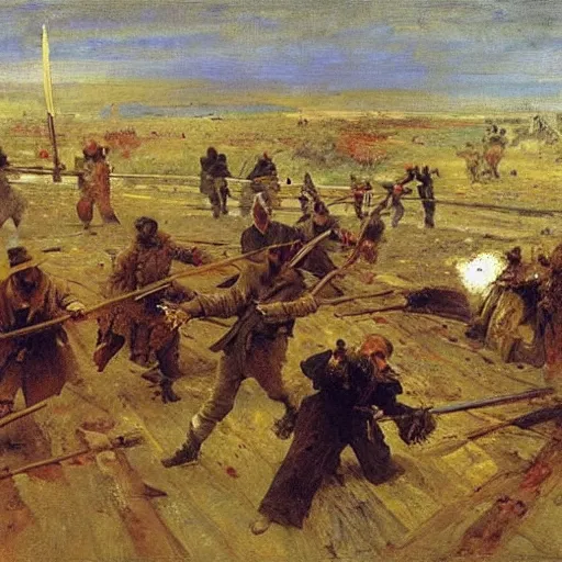 Image similar to duel between two ax - wielding bearded armed men. wide - angle. by ilya repin