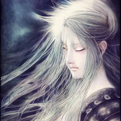 Image similar to yoshitaka amano blurred and dreamy illustration, renaissance oil portrait, realistic anime girl with long wavy white hair fluttering in the wind and black eyes wearing elden ring style armor with engraving, highly detailed, art by moon, abstraction in the background, strange camera angle, three - quarter view, noisy film grain effect, soft light, dark mood