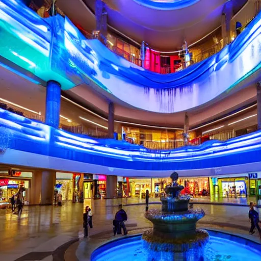 Image similar to A vast shopping mall interior with an enormous water feature, water fountain, water falls, photo taken at night, neon pillars, large crowd