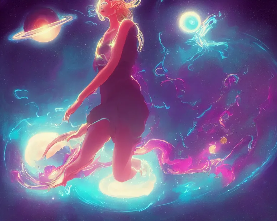 Image similar to a beautiful whimsical goddess floating above a lake basking in the moonlight, firebending, underneath a multi-colored binary blackhole with an accretion disc, glowing trails following her arms, synthwave, by Lois van Baarle, by Greg Rutkowski, by artgerm, by beeple, by studio ghibli, cinematic angle, volumetric lighting, 4k resolution, octane render, trending on artstation, masterpiece