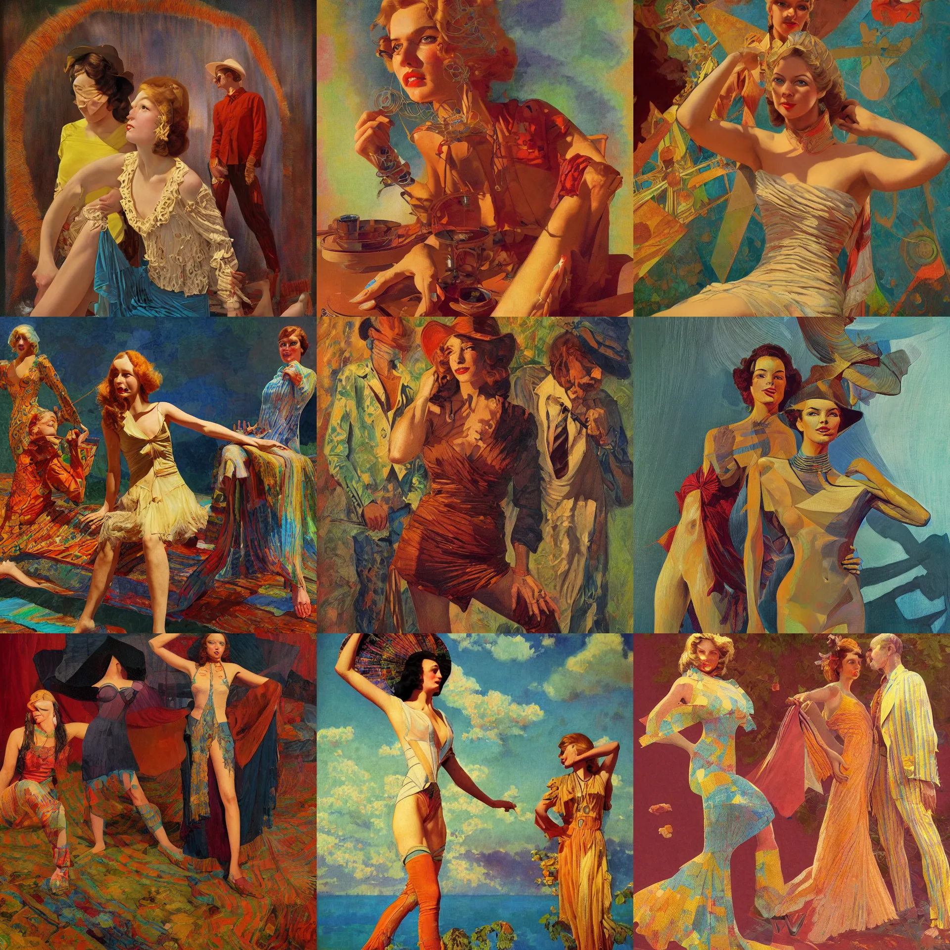 Image similar to pulp art, 1970s hippie cloth style, artwork by Joseph Leyendecker and Hugh Ferriss and gil elvgren and ilya repin and sergey kolesov, geometric shapes, impressionism, soviet paintings, 3d octane blender render, progressive rock album cover