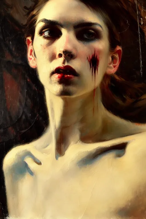 Image similar to impressionist brushstrokes!!!! giger and artgerm and richard schmid and jeremy lipking victorian loose genre loose painting full length portrait painting of a victorian male vampire