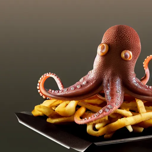 Image similar to octopus made of steel eating fastfood, 5 5 mm