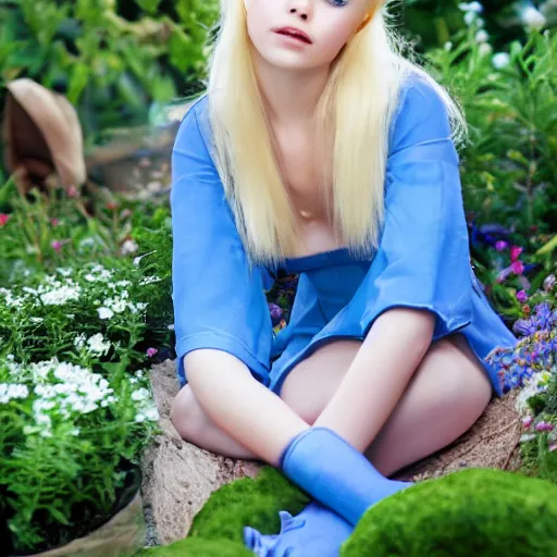 Prompt: beautiful gorgeous young elf princess blonde hair blue eyes in the garden high quality