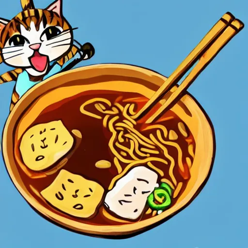 Prompt: Cat eating a bowl of ramen in The Legend of Zelda Breath of the Wild, toon shading, npr