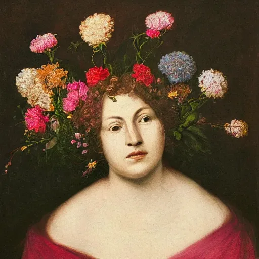 Image similar to portrait of a woman made of flowers and smoke