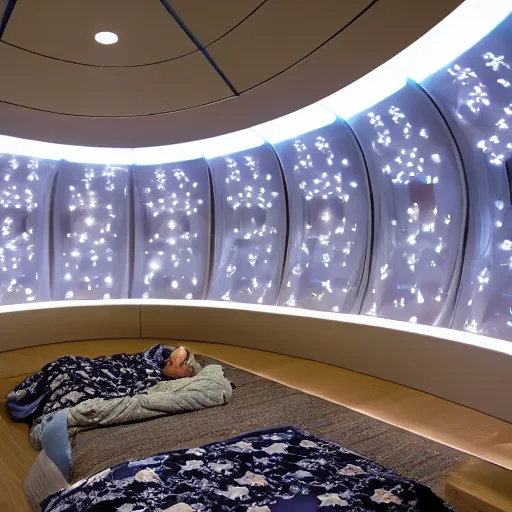 Image similar to cybernetic sleeping pods, diverse humans sleeping in healing pods, humans sleeping in healing pods, wide wide angle, vivid, elaborate, starry forest, highly detailed, beautiful dim lighting