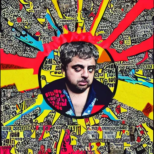 Prompt: daniel johnston in the style of daniel johnston and outsider art, 4k, overlaid with arabic adverts and text