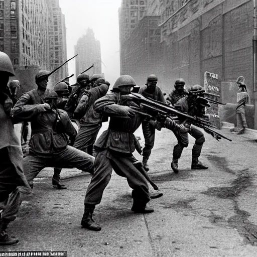 Prompt: Epic shootout between Soviet and American troops on the streets of New York, powerful explosions, retro futuristic style, super detail of each object,