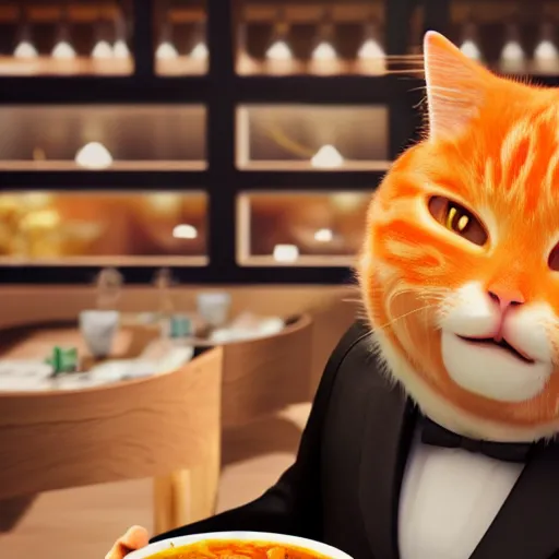 Prompt: Fat, cute orange cat in a suit eating ramen, busy restaurant, close up, octane render by Lynda Benglis, 4K, 8K