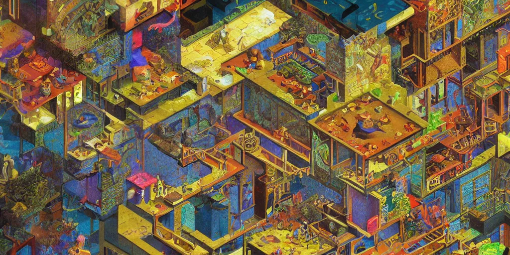 Image similar to liminal space virtual art museum in a 9 0's video game in the style of mc escher and heironymus bosch, colorful intricate masterpiece, hyper detailed, hd screenshot