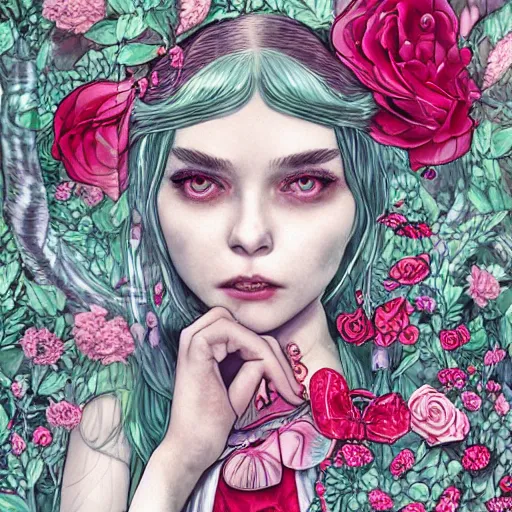Prompt: Alice in Wonderland at the tea party, she looks like a mix of grimes, Aurora Aksnes and zoë Kravitz, sweet and innocent, surrounded by red and white roses, digital illustration, inspired by Aeon Flux and Japanese shoujo manga, hyper detailed, dreamlike, incredibly ethereal, super photorealistic, muted and pastel shades, extremely fine inking lines