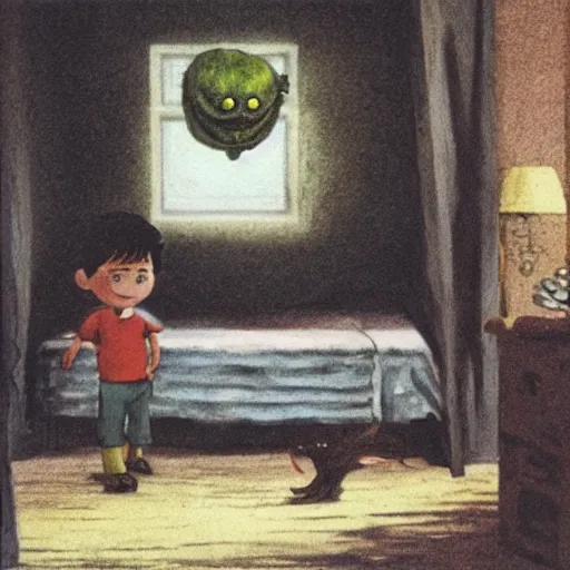 Image similar to a boy finds a small monster under his bed in the style of p. d. eastman