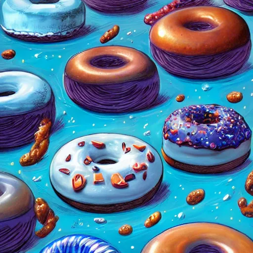 Image similar to a highly detailed, beautiful illustration of cosmic donuts by james gurney, trending on artstation