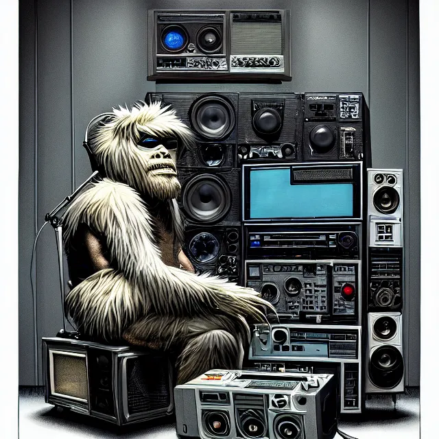 Prompt: a portrait of an anthropomorphic cyberpunk yeti podcasting while working in his secret electronics lab, detailed render, tape deck, studio microphone, boombox, headphones, epic composition, cybernetics, 4 k realistic, cryengine, realistic shaded lighting, sharp focus, masterpiece, by matteo scalera, gary montalbano, peter elson in the style of the tokyo ghost comic