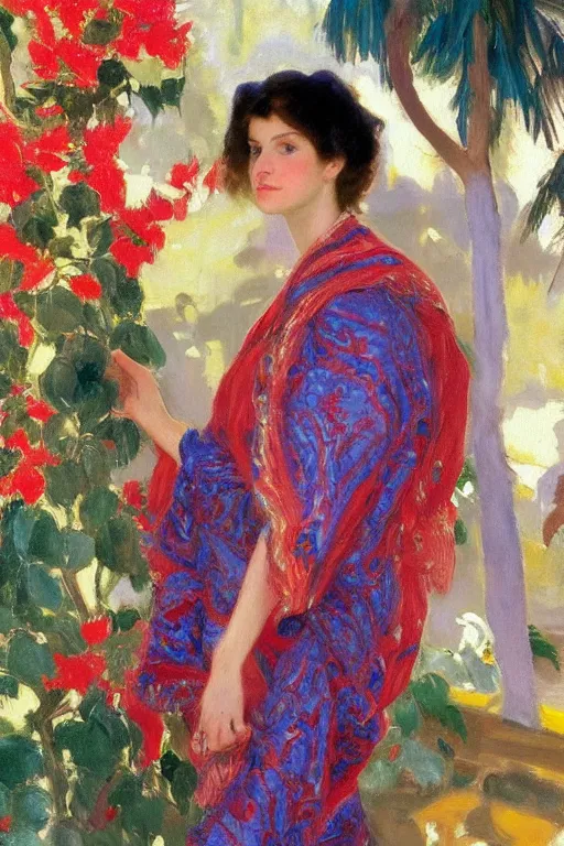 Image similar to a girl with arabesque red and blue and golden detailed scarf near bougainvillea and mexican palms, persian carpet, painting by john singer sargent