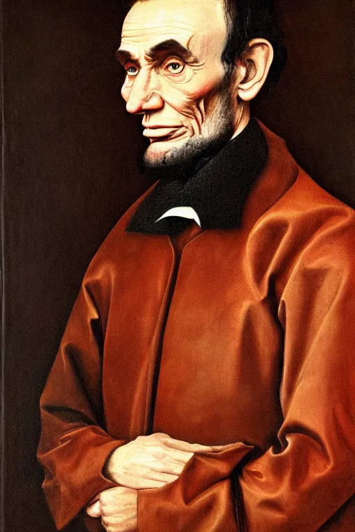 Prompt: portrait of abraham lincoln, oil painting by jan van eyck, northern renaissance style, oil on canvas, wet - on - wet technique, realistic, expressive emotions, detailed textures, illusionistic detail