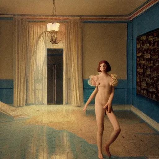 Image similar to a young ivory and golden filigree girl in an soviet liminal abandoned room, film still by wes anderson, depicted by balthus, limited color palette, very intricate, art nouveau, highly detailed, lights by hopper, soft pastel colors