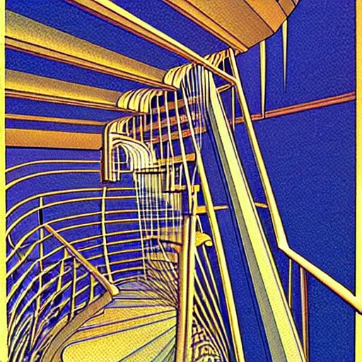 Image similar to crystal spiral stairways beyond possibility of imagining, many doors, inhabited on many levels, by Maurits Cornelis Escher, by jean giraud, shining light, clear geometry, architecture, Award winning. Masterpiece, detailed illustration