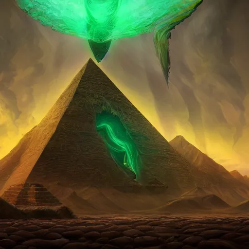 Image similar to a huge chaos dark eldritch pyramid with a giant eye with green ray traced light and corruption by WLOP and tony sart and bekinski, god rays, fantasy art, 4k, HDR, photorealistic, 8k, trending on artstation