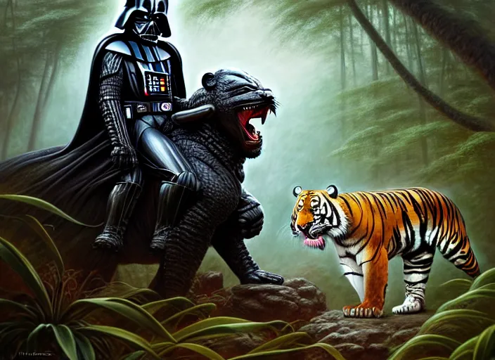 Image similar to romantic portrait shot of darth vader riding a tiger through the jungle intricate, elegant, highly detailed, centered, digital painting, artstation, concept art, smooth, sharp focus, illustration, artgerm, tomasz alen kopera, peter mohrbacher, donato giancola, joseph christian leyendecker, wlop, boris vallejo