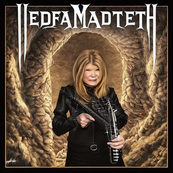Prompt: megadeth album cover featuring photo of martha stewart, power metal album cover, trending on artstation, intricately detailed, highly detailed, classic, award winning