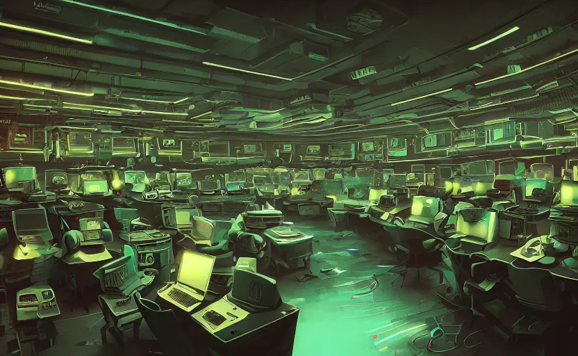 Image similar to Interior shot of a secret mysterious Hacker room with computers by Petros Afshar and Beeple, James Gilleard, Mark Ryden, Wolfgang Lettl highly detailed