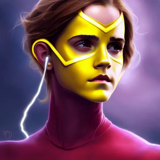 Image similar to beautiful Emma Watson as Kid Flash with lightning bolt headset, western, closeup, D&D, fantasy, intricate, elegant, highly detailed, digital painting, artstation, concept art, matte, sharp focus, illustration, art by Artgerm and Greg Rutkowski and Alphonse Mucha