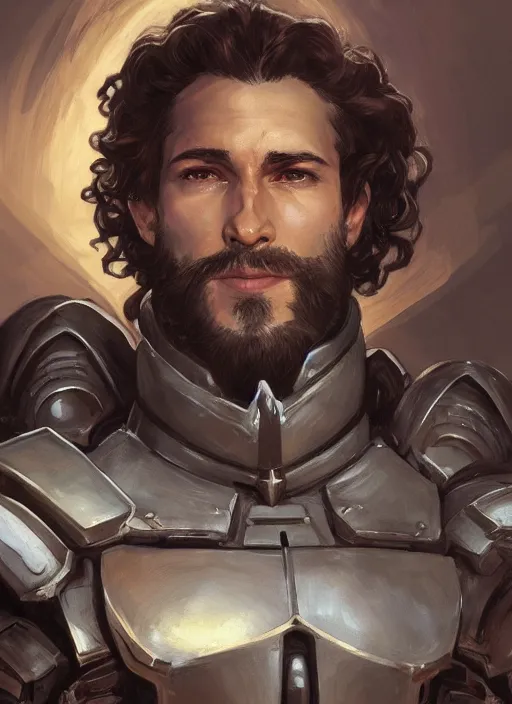 Image similar to medium-length portrait of a male paladin with short curly hair and a dark beard, dark brown skin, happy expression, wears a suit of power armor, gundam, buster sword, medieval setting, highly detailed, digital painting, artstation, concept art, sharp focus, illustration, art by greg rutkowski and alphonse mucha
