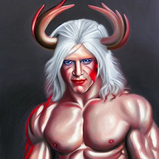 Image similar to buffed guy, long white hair, horns, red eye makeup, painting by by ralph grady james, jean christian biville