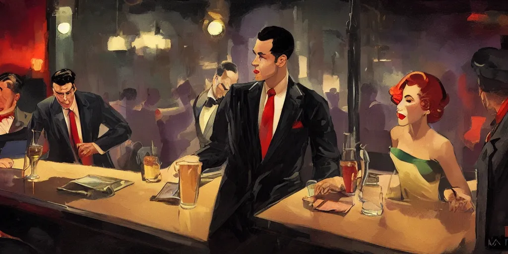 Image similar to a man wearing a tie is having a drink with a femme fatale at the bar of a 4 0 s jazz club, warm color palette, night time, dramatic lighting, noir film, character sheet, fine details, high contrast, blacksad, kim jung gi, greg rutkowski, trending on artstation, 8 k, front view, back view, ultra wide angle