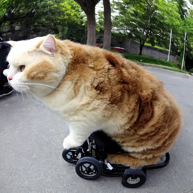 Prompt: fisheye photo of super fat angry cat sitting in a wheelchair