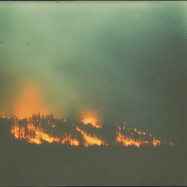 Image similar to field of cannabis burning on fire at night, forest fire, polaroid