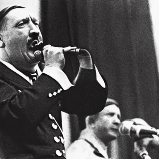 Prompt: Adolf Hitler rapping on stage
