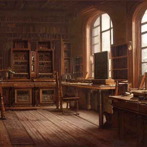 Image similar to painting of a scifi ancient civilzation victorian computer room with pillars, andreas achenbach