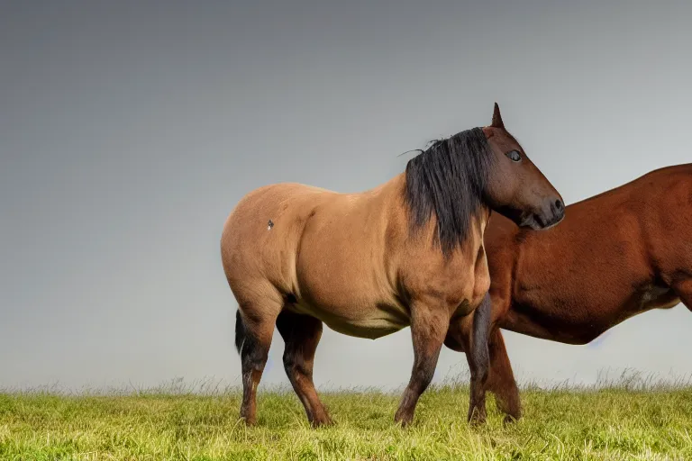 Image similar to a horse bull!!! hybrid! hyper realistic!! realistic lighting!! wildlife photographer of the year!!! bold natural colors, national geographic, hd, wide angle, 8 k