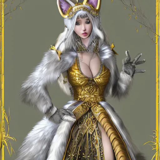 Prompt: commissioned full body furry portrait of a female anthro wolf-headed princess fursona with white hair wearing a white and gold chinese armored dress in a white and gold palace, by Wlop and jerry park, artstation, extremely detailed