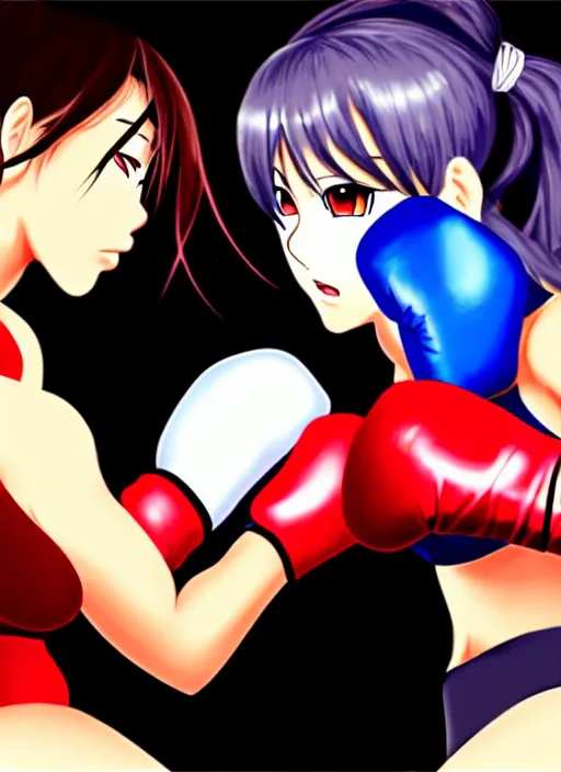 Prompt: two beautiful female boxers facing each other, dim lighting, gorgeous features, smooth, detailed anime art