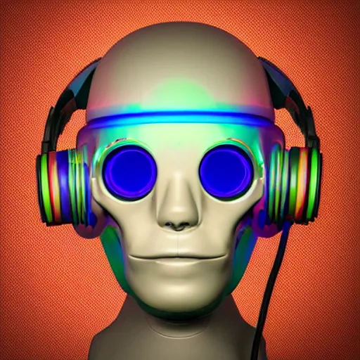 Image similar to a claymodel of a dieselpunk rococo spaced out robot head wearing multicolored wires and headphone, 8 k, front view, symetrical, flourescent colors, halluzinogenic, multicolored, exaggerated detailed, front shot, 3 d render, octane