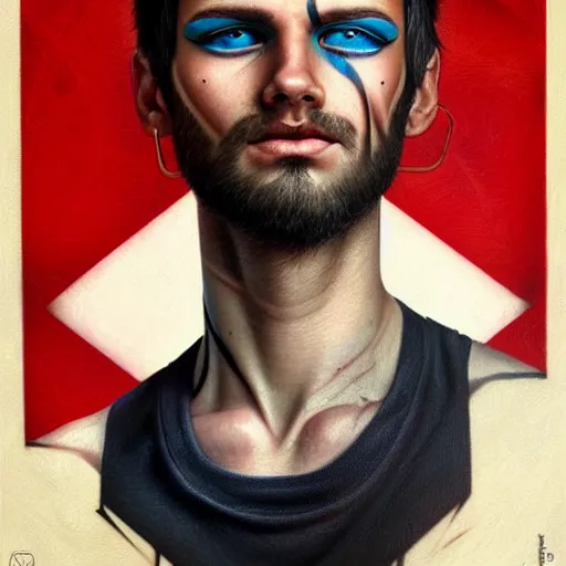 Prompt: ultra realistic portrait painting of a perfect handsome man blue eyes black hair stubble tribal tattoo, painted by Tristan Eaton Stanley Artgerm and Tom Bagshaw