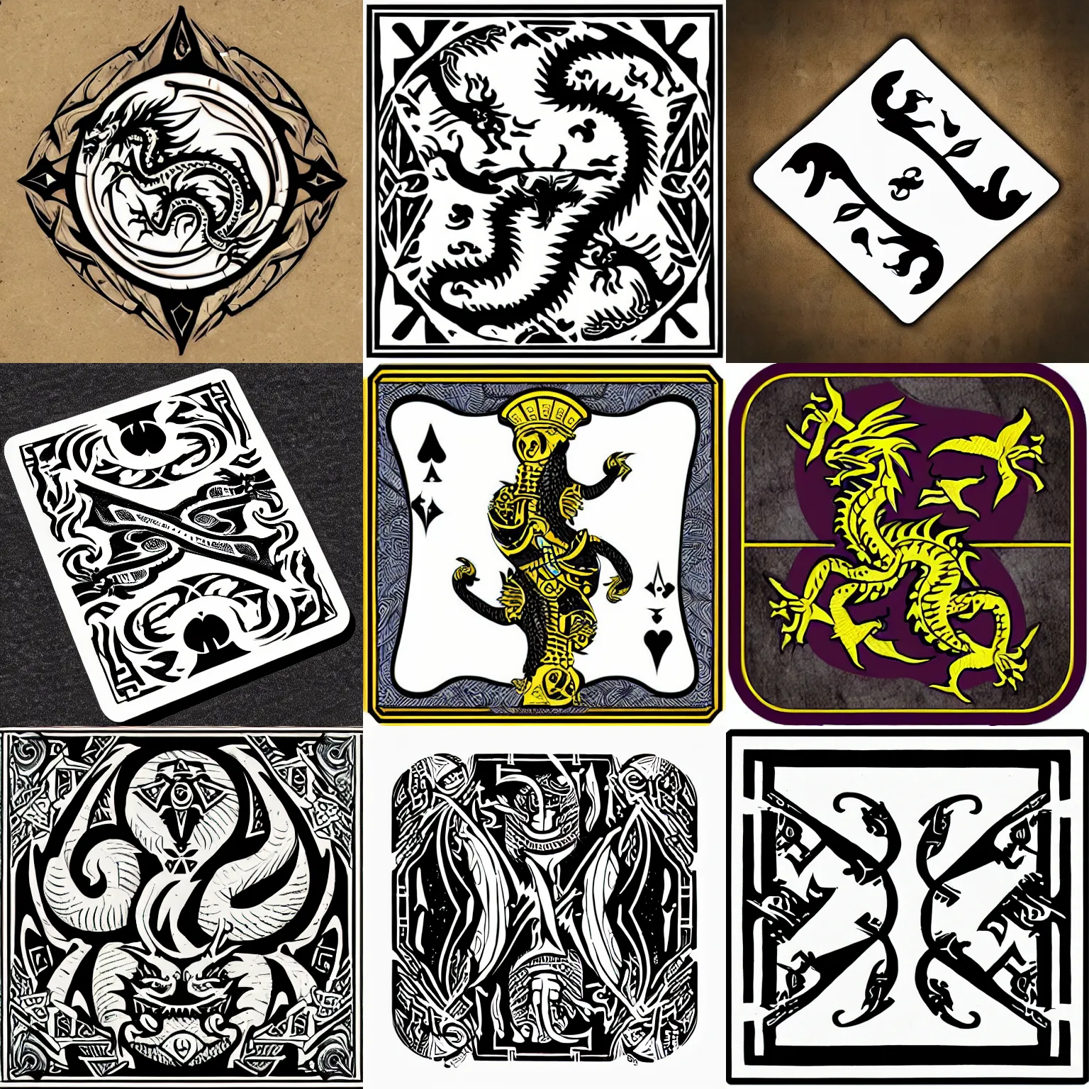 Prompt: “playing card back with a tribal dragon logo”