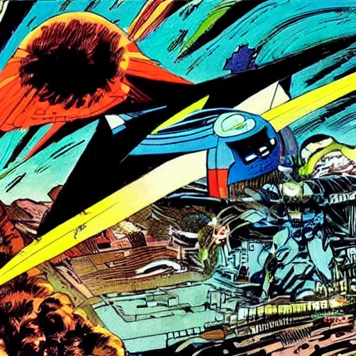 Image similar to a huge spaceship fighting aliens by frank miller.