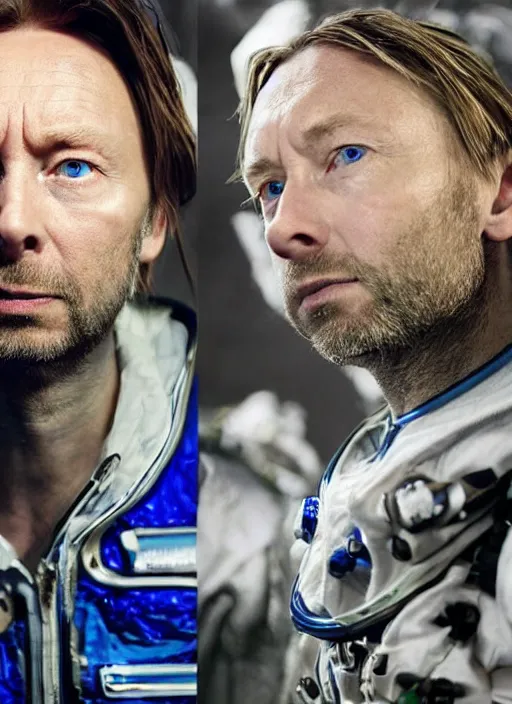 Image similar to calm thom yorke singer songwriter frontman, in spacesuit filling up with water, ultrafine detail, hyper realistic face, beautiful blue eyes, black spherical pupils, eyes reflecting into eyes reflecting into infinity, eyes reflecting into eyes reflecting into infinity