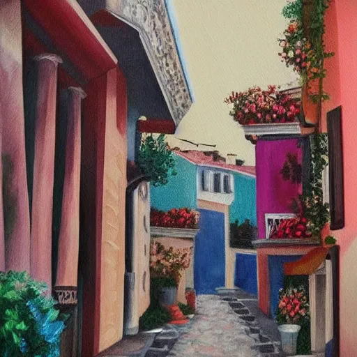 Image similar to our lost honeymoon by clara memette. painting inspired by italian streets. dim romanticism