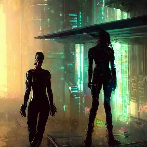 Prompt: portrait of a cyberpunk razorgirl, pavewalk, scifi, megacity background, neuromancer, dramatic lighting, painted by raymond swanland, painted by greg rutkowski, painted by jeremy mann, painted by artgerm, painted by igor kieryluk, trending on artstation