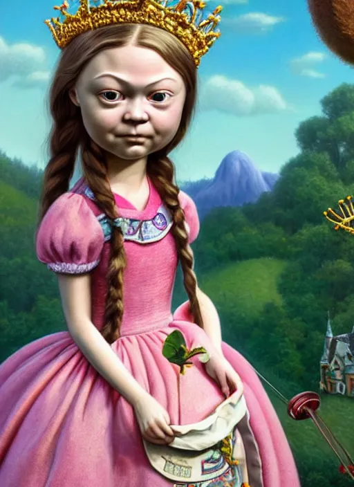 Prompt: highly detailed closeup, face profile portrait of greta thunberg as a tin toy fairytale princess wearing a crown eating cakes, bikini, unreal engine, nicoletta ceccoli, mark ryden, earl norem, lostfish, global illumination, detailed and intricate environment