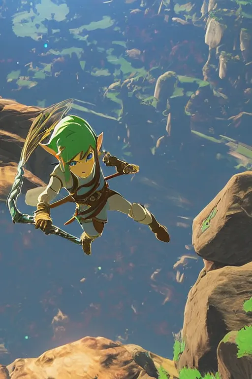 Image similar to in game footage of link from the legend of zelda breath of the wild climbing using magnesis, breath of the wild art style.